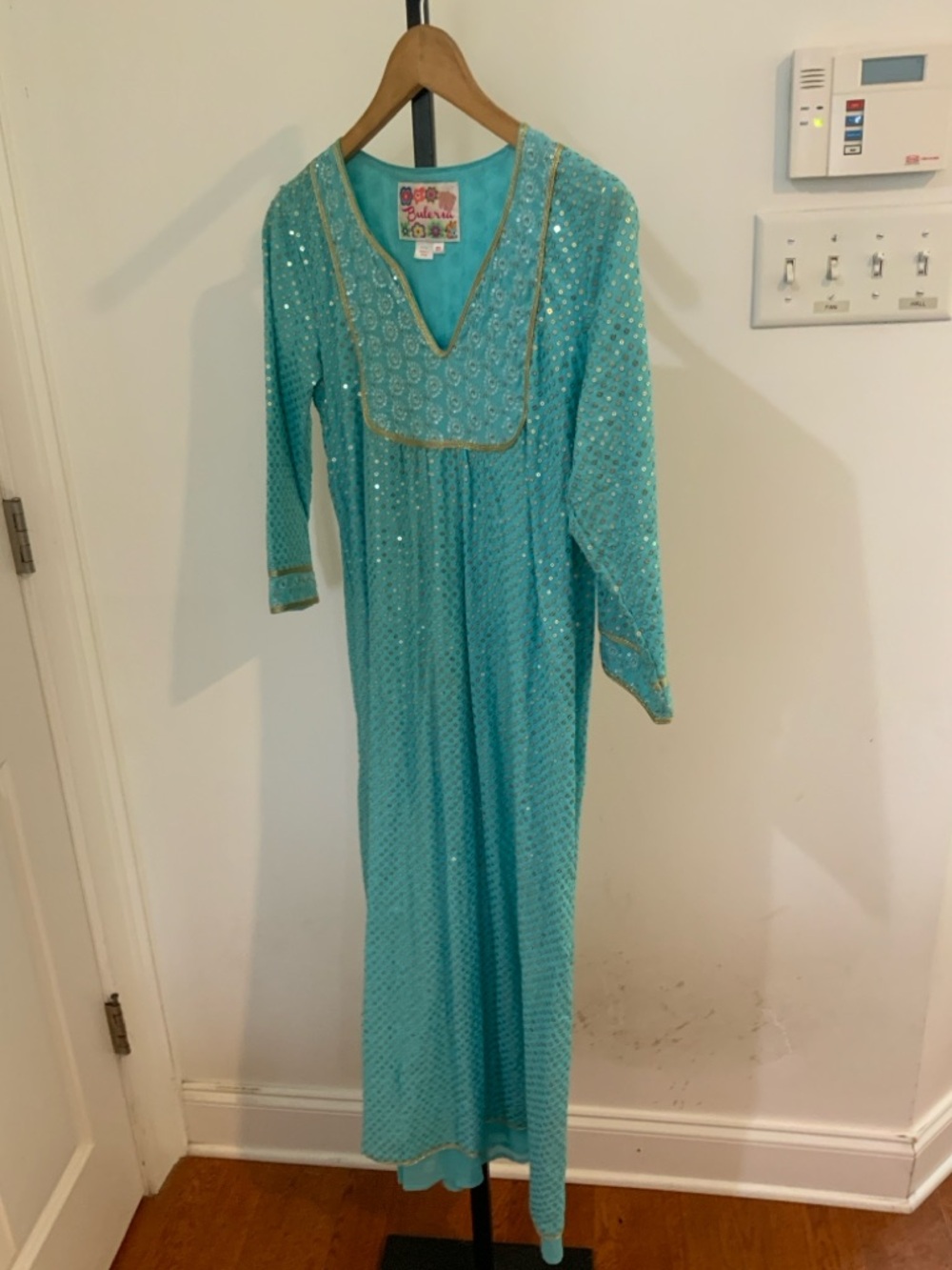 Beaded Turquoise Midi Dress with Gold Trim